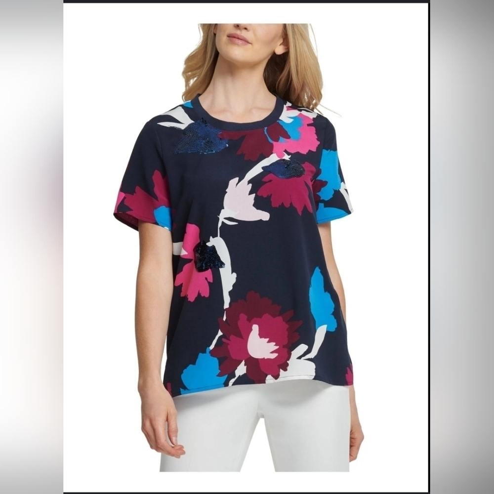 DKNY Womens Navy Printed Short Sleeve Jewel Neck Top Size Medium NWOT